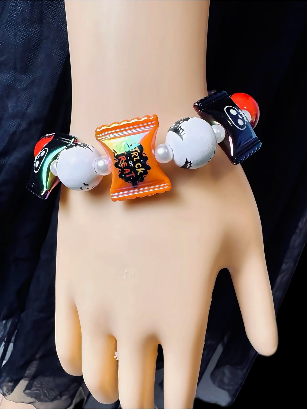Halloween Candy Charm Bracelet - Orange & Black Beads